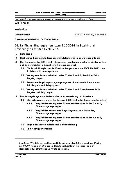 Vorschauseite 1: Die tariflichen Neuregelungen zum 1. 10. 2024 im Sozialund Erziehungsdienst des TVöD-VK