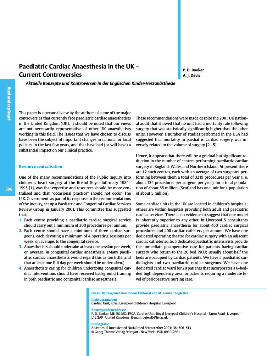 Vorschauseite 1: Paediatric Cardiac Anaesthesia in the UK - Current Controversies
