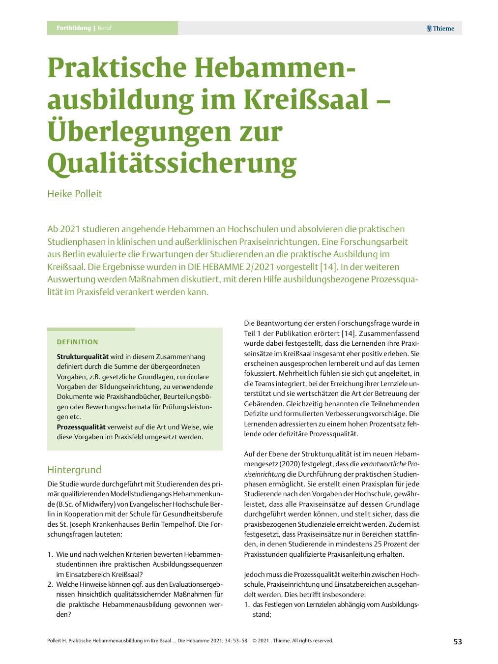 Vorschauseite 1: Praktische Hebammenausbildung im Kreißsaal – Überlegungen zur Qualitätssicherung