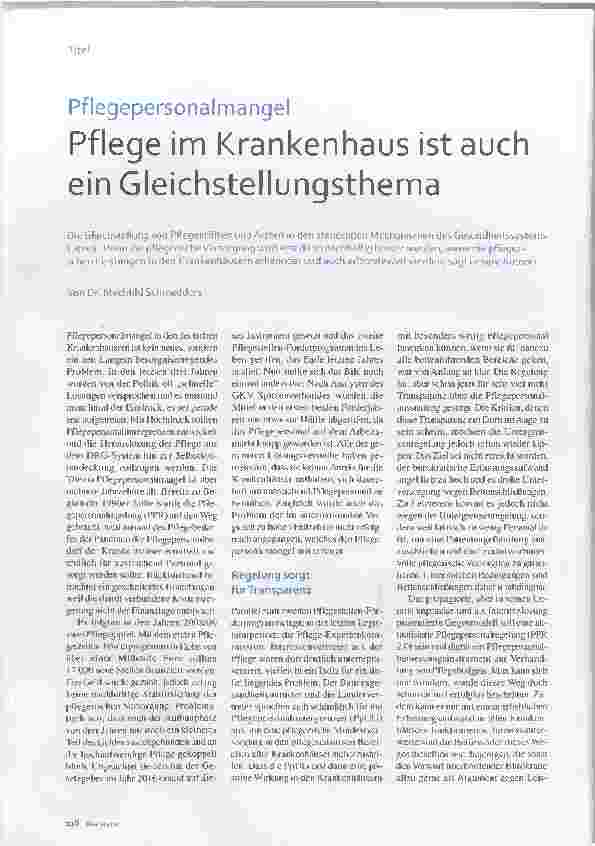 Vorschauseite 1: Pflegepersonalmangel. Pflege im Krankenhaus ist auch ein Gleichstellungsthema.