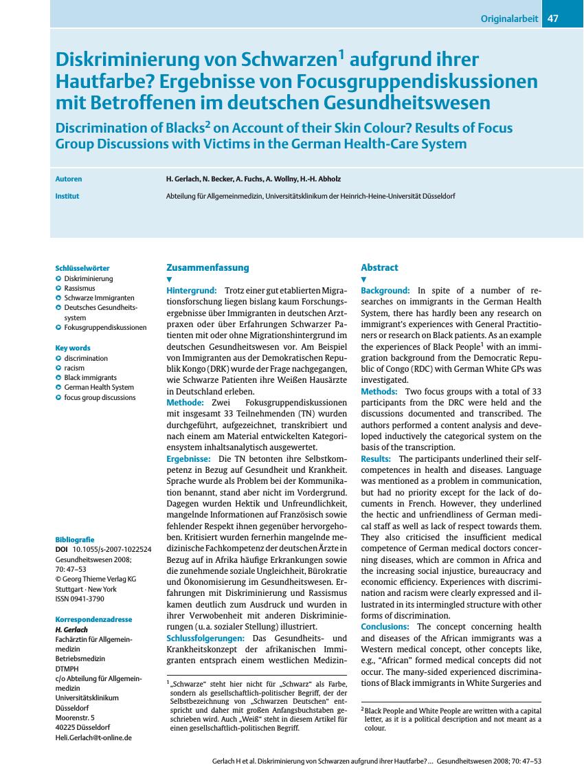 Vorschauseite 1: Diskriminierung von Schwarzen aufgrund ihrer Hautfarbe? Ergebnisse von Focusgruppendiskussionen mit Betroffenen im deutschen Gesundheitswesen