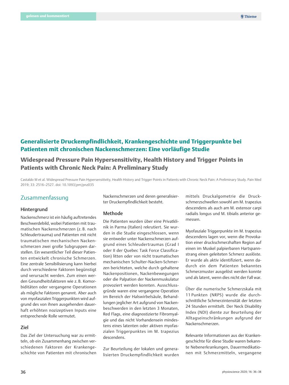 Vorschauseite 1: Generalisierte Druckempfindlichkeit, Krankengeschichte und Triggerpunkte bei Patienten mit chronischen Nackenschmerzen: Eine vorläufige Studie