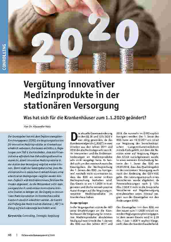 Vorschauseite 1: Vergütung innovativer Medizinprodukte in der stationären Versorgung. Was hat sich für die Krankenhäuser zum 1.1.2020 geändert?