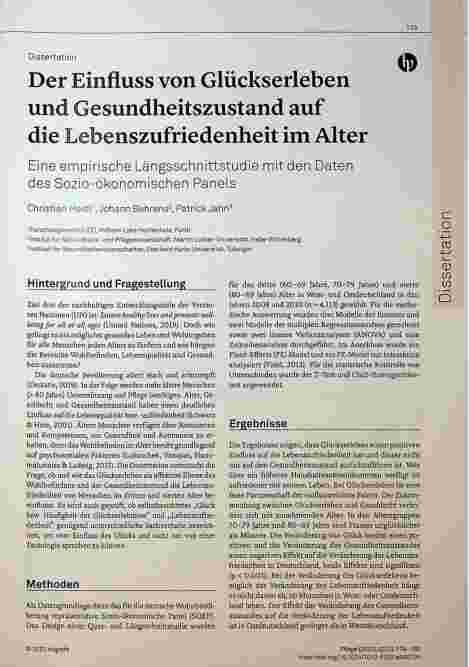 Vorschauseite 1: Der Einfluss von Glückserleben und Gesundheitszustand auf die Lebenszufriedenheit im Alter. Eine empirische Längsschnittstudie mit den Daten des Sozio-ökonomischen Panels.