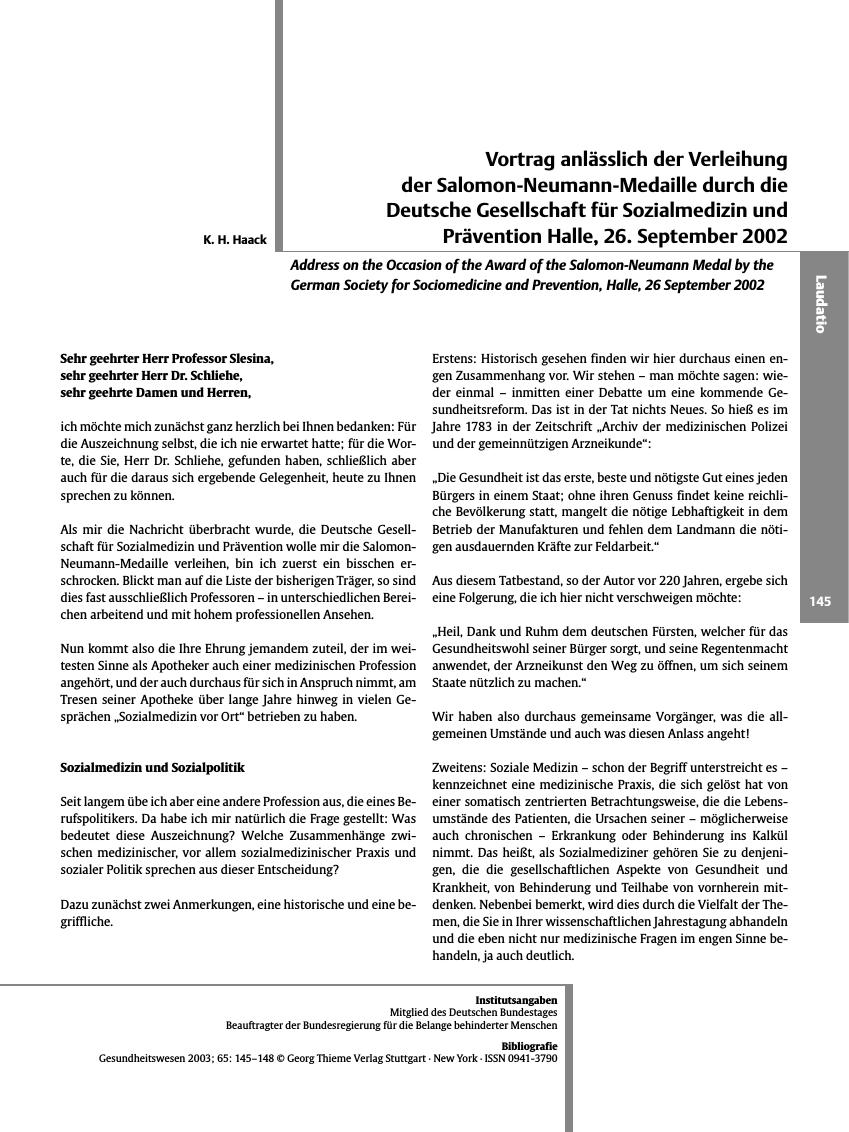 Vorschauseite 1: Vortrag anlässlich der Verleihung der Salomon-Neumann-Medaille durch die Deutsche Gesellschaft für Sozialmedizin und Prävention Halle, 26. September 2002