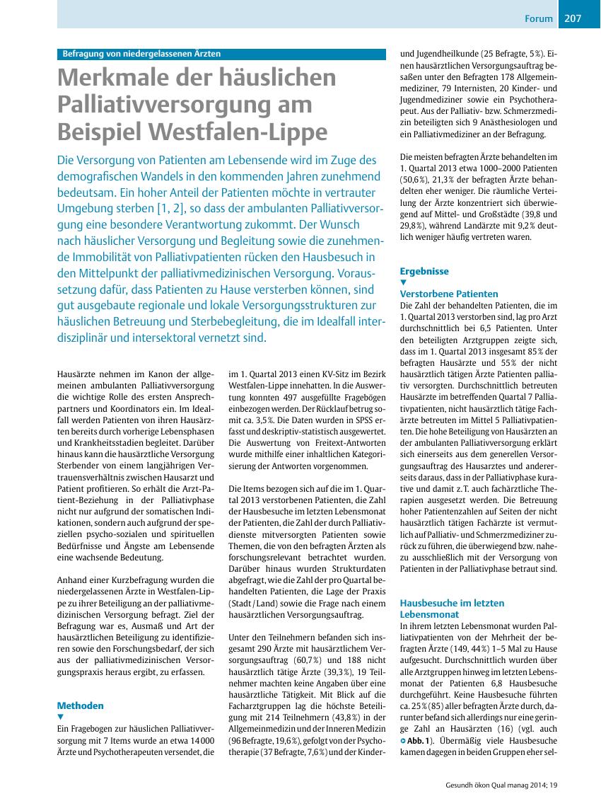 Vorschauseite 1: Befragung von niedergelassenen Ärzten – Merkmale der häuslichen Palliativversorgung am Beispiel Westfalen-Lippe
