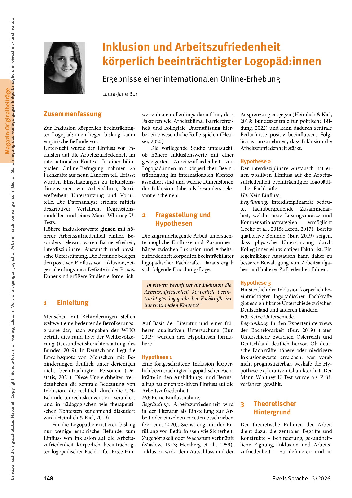 Vorschauseite 1: Inklusion und Arbeitszufriedenheit körperlich beeinträchtigter Logopäd: innen: Ergebnisse einer internationalen Online-Erhebung