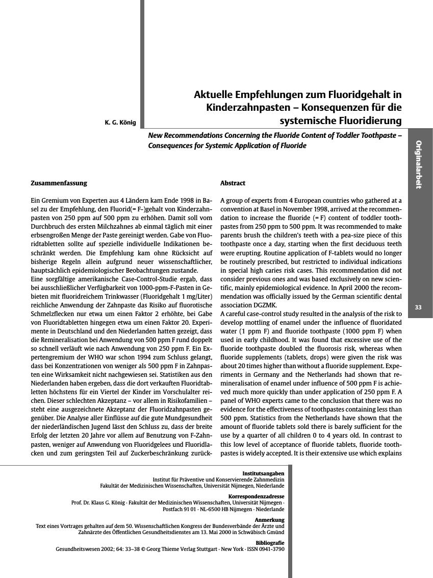 Vorschauseite 1: Aktuelle Empfehlungen zum Fluoridgehalt in Kinderzahnpasten - Konsequenzen für die systemische Fluoridierung