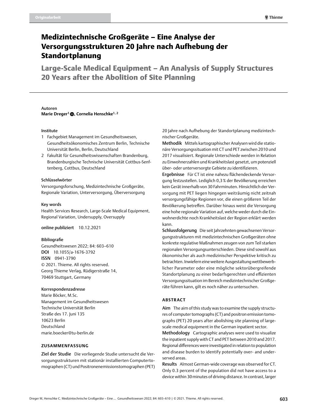 Vorschauseite 1: Medizintechnische Großgeräte – Eine Analyse der Versorgungsstrukturen 20 Jahre nach Aufhebung der Standortplanung