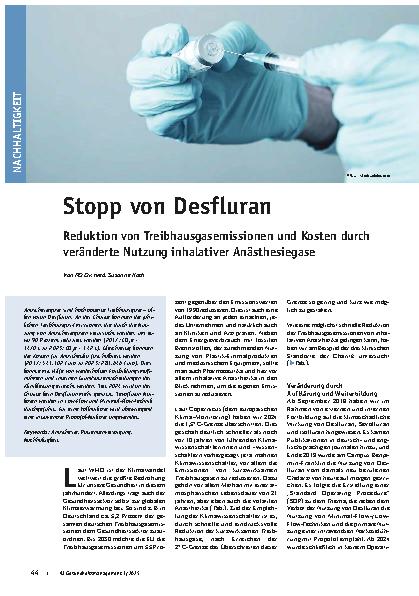 Vorschauseite 1: Stopp von Desfluran Reduktion von Treibhausgasemissionen und Kosten durch veränderte Nutzung inhalativer Anästhesiegase
