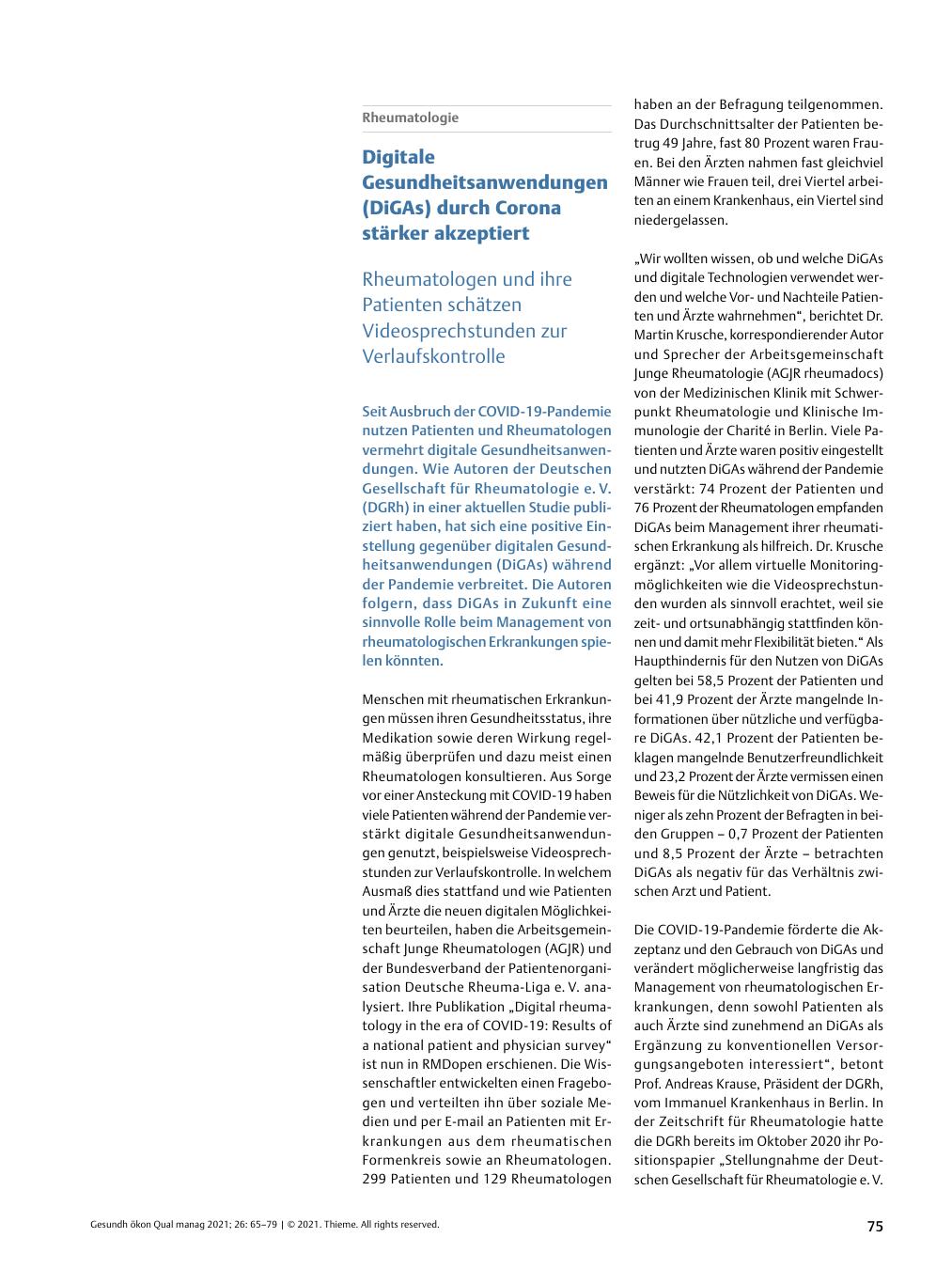Vorschauseite 1: Rheumatologie - Digitale Gesundheitsanwendungen (DiGAs) durch Corona stärker akzeptiert