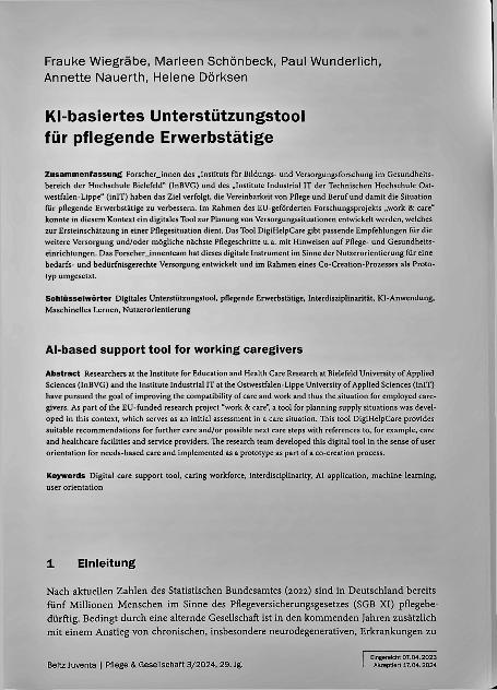 Vorschauseite 1: KI-basiertes Unterstützungstool für pflegende Erwerbstätige