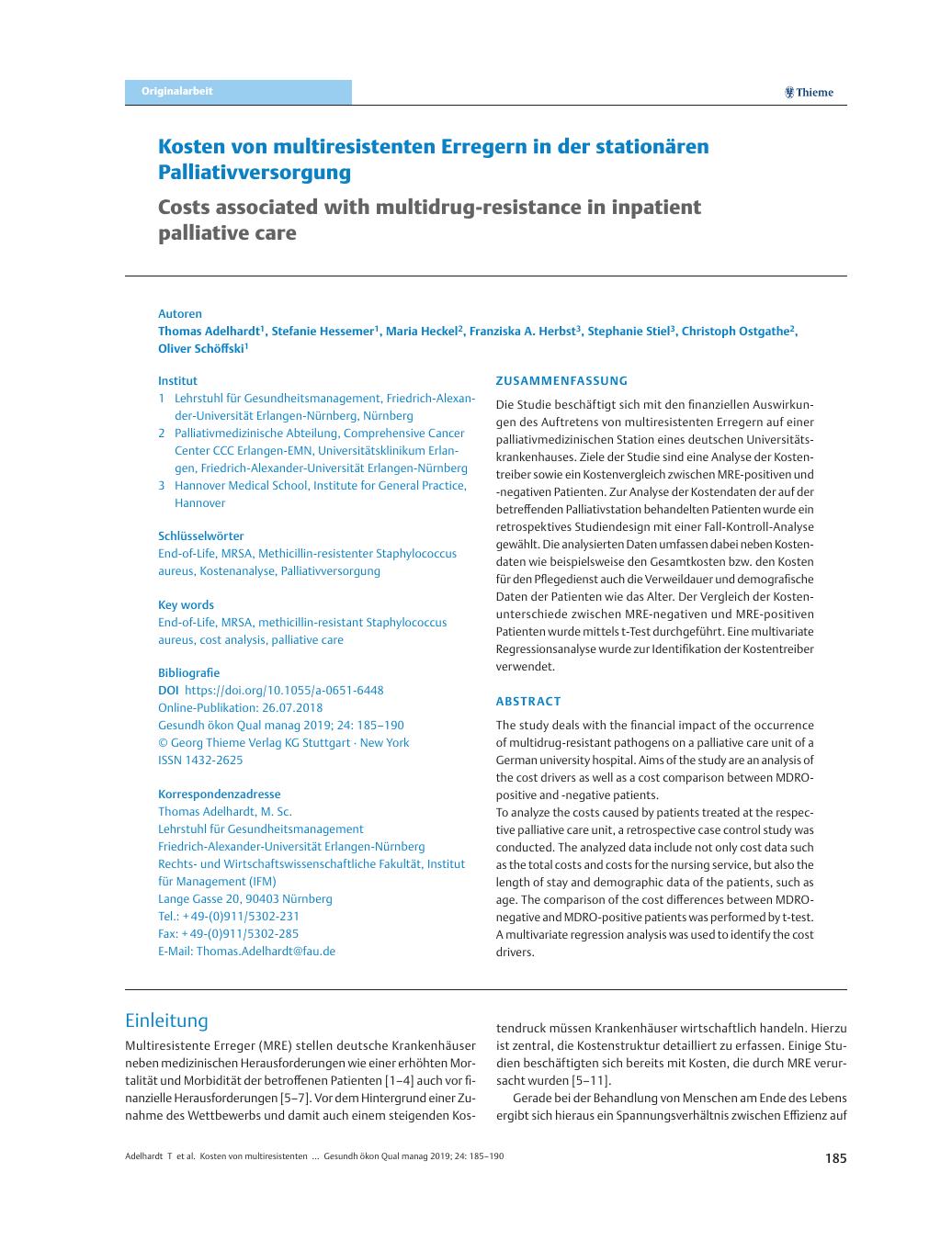 Vorschauseite 1: Kosten von multiresistenten Erregern in der stationären Palliativversorgung
