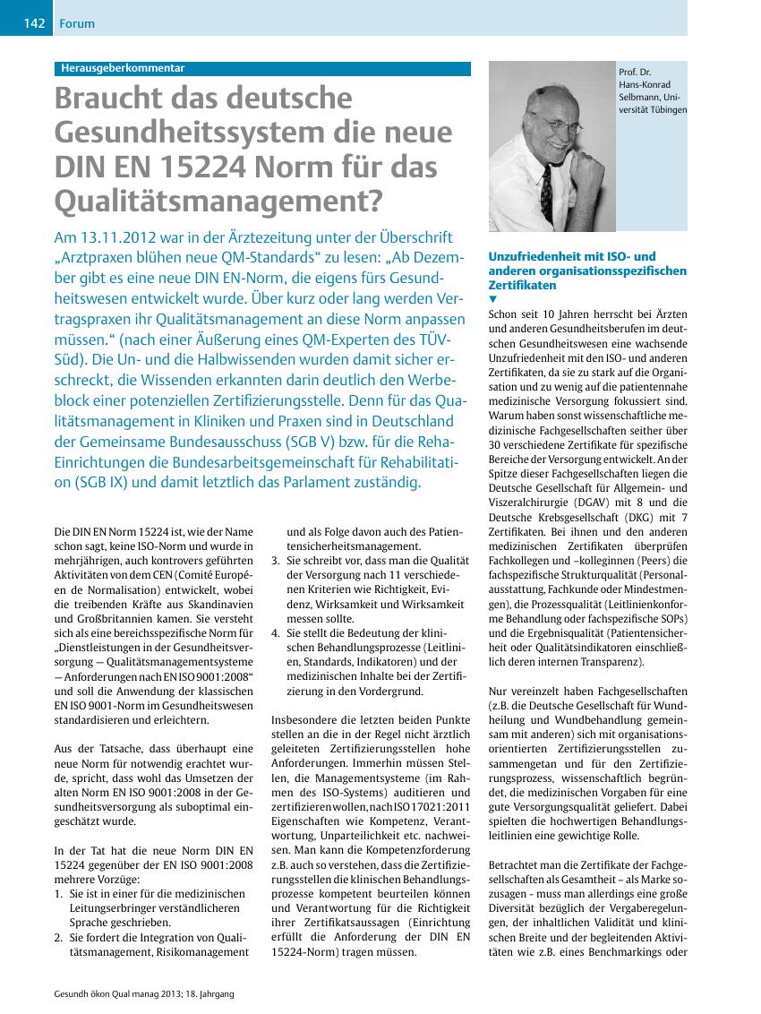 Vorschauseite 1: Herausgeberkommentar – Braucht das deutsche Gesundheitssystem die neue DIN EN 15224 Norm für das Qualitätsmanagement?