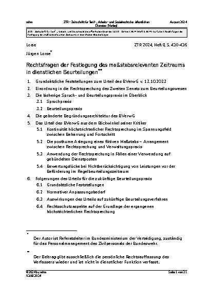 Vorschauseite 1: Rechtsfragen der Festlegung des maßstabsrelevanten Zeitraums in dienstlichen Beurteilungen.