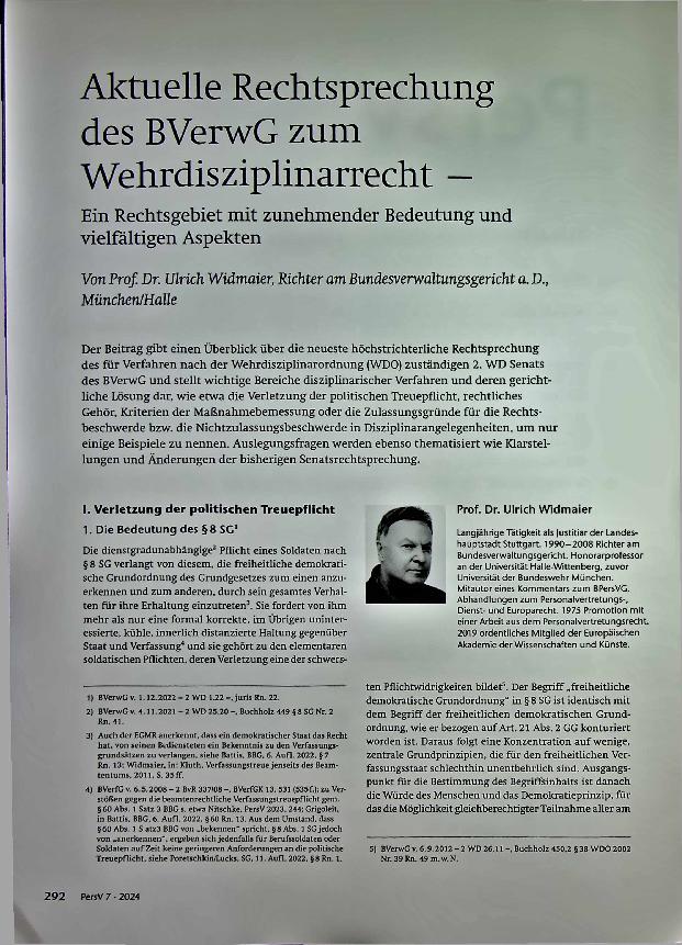 Vorschauseite 1: Aktuelle Rechtsprechung des BVerwG zum Wehrdisziplinarrecht. Ein Rechtsgebiet mit zunehmender Bedeutung und vielfältigen Aspekten.