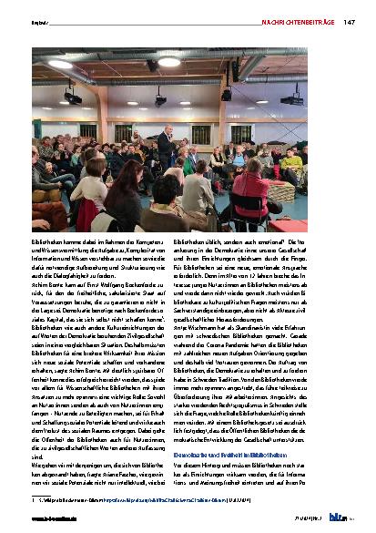 Vorschauseite 3: Bibliotheken fördern den Erhalt unserer Demokratie. Eine Podiumsdiskussion und ein Buch.
