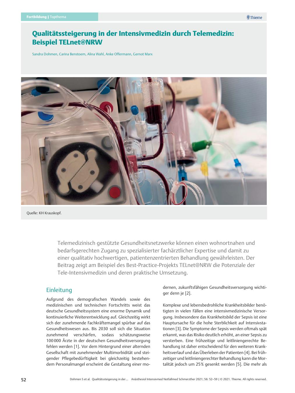 Vorschauseite 1: Qualitätssteigerung in der Intensivmedizin durch Telemedizin: Beispiel TELnet@NRW