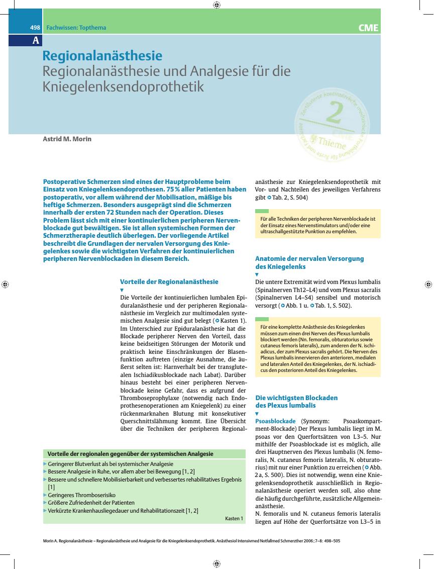 Vorschauseite 1: Regionalanästhesie - Regionalanästhesie und Analgesie für die Kniegelenksendoprothetik
