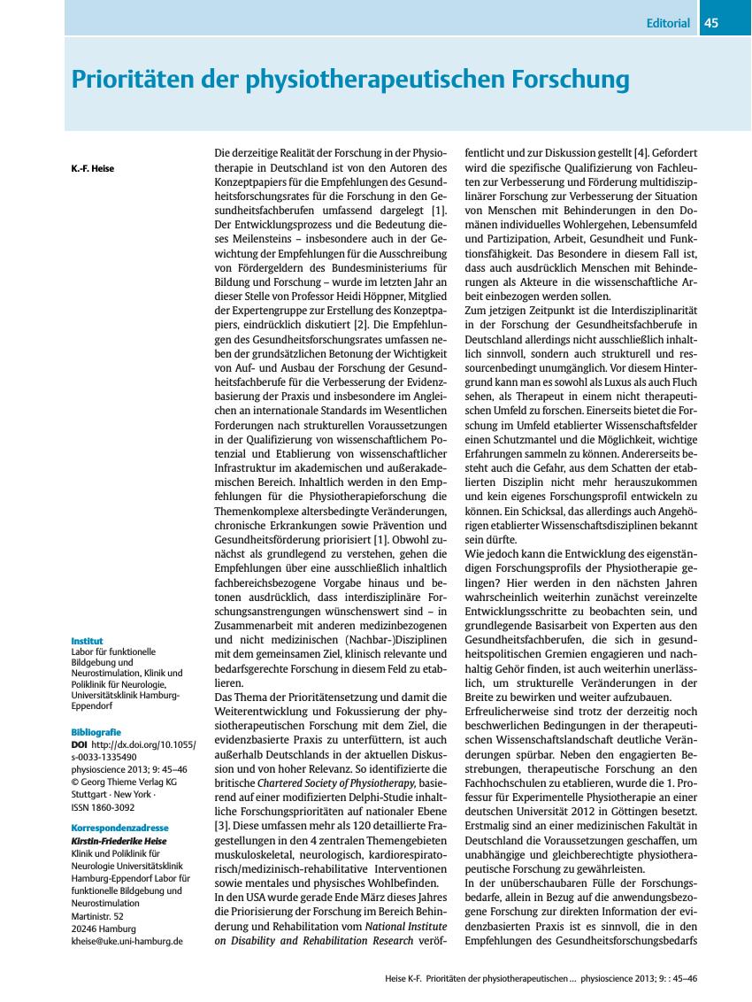 Vorschauseite 1: Prioritäten der physiotherapeutischen Forschung