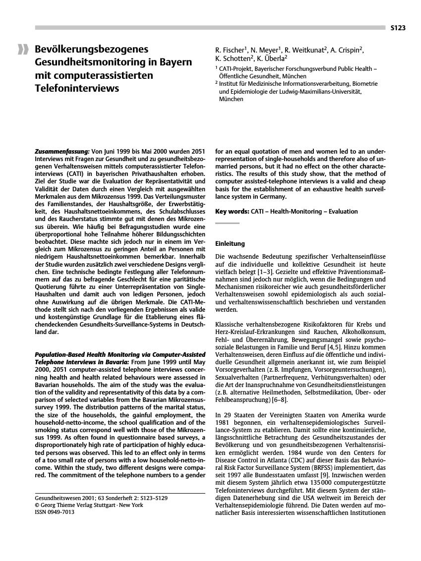 Vorschauseite 1: Bevölkerungsbezogenes Gesundheitsmonitoring in Bayern mit computerassistierten Telefoninterviews