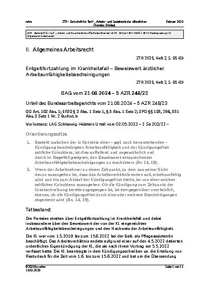 Vorschauseite 1: II. Allgemeines Arbeitsrecht Entgeltfortzahlung im Krankheitsfall – Beweiswert ärztlicher Arbeitsunfähigkeitsbescheinigungen