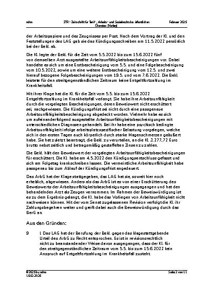 Vorschauseite 2: II. Allgemeines Arbeitsrecht Entgeltfortzahlung im Krankheitsfall – Beweiswert ärztlicher Arbeitsunfähigkeitsbescheinigungen