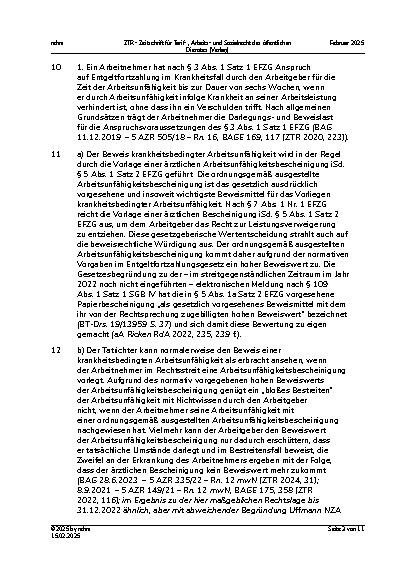 Vorschauseite 3: II. Allgemeines Arbeitsrecht Entgeltfortzahlung im Krankheitsfall – Beweiswert ärztlicher Arbeitsunfähigkeitsbescheinigungen