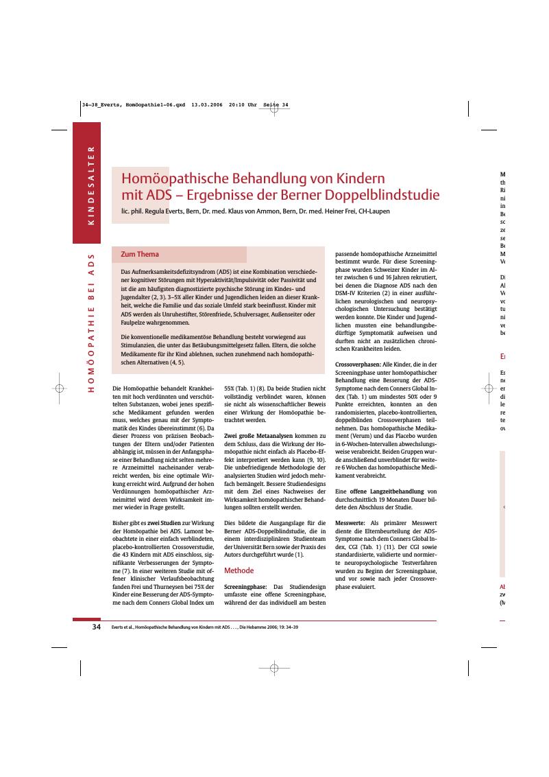 Vorschauseite 1: Homöopathische Behandlung von Kindern mit ADS - Ergebnisse der Berner Doppelblindstudie