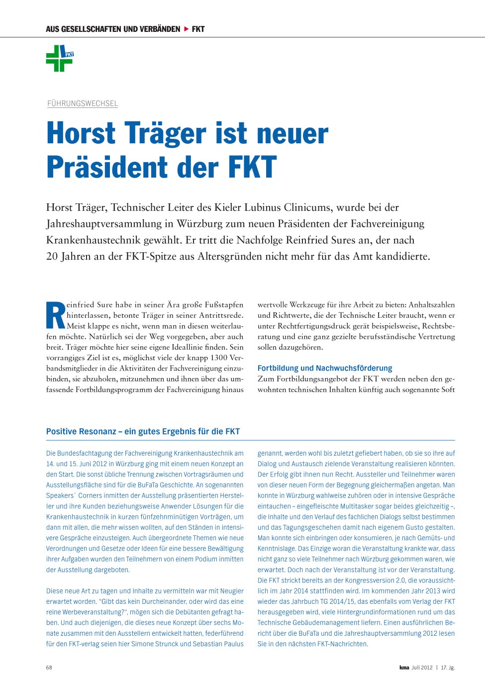 Vorschauseite 1: Horst Träger ist neuer Präsident der FKT