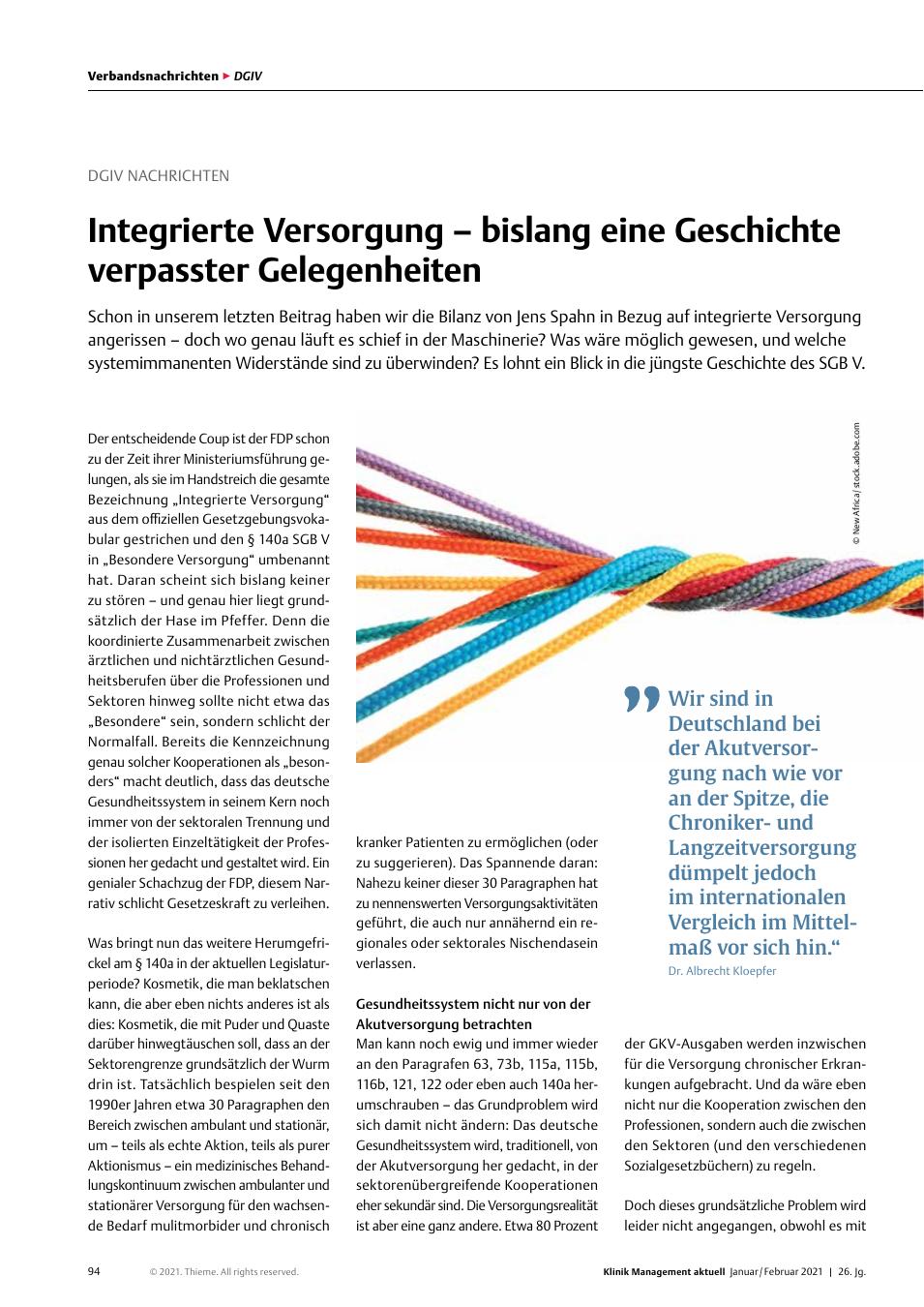Vorschauseite 1: DGIV Nachrichten: Integrierte Versorgung – bislang eine Geschichte verpasster Gelegenheiten