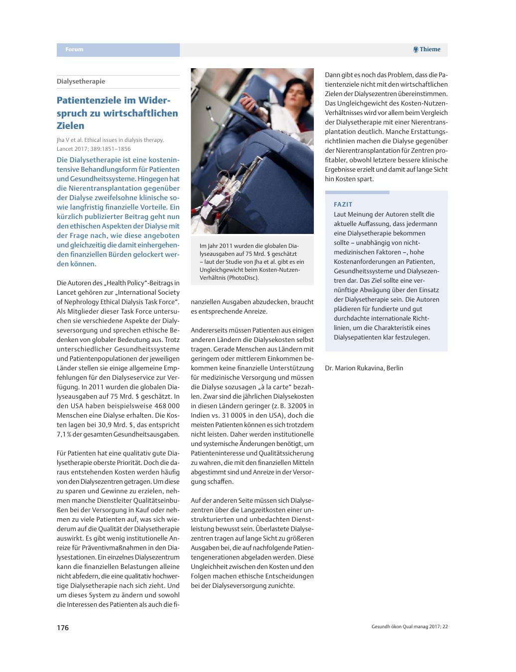 Vorschauseite 1: Dialysetherapie – Patientenziele im Widerspruch zu wirtschaftlichen Zielen