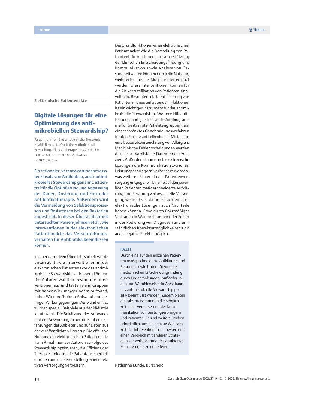 Vorschauseite 1: Elektronische Patientenakte – Digitale Lösungen für eine Optimierung des antimikrobiellen Stewardship?