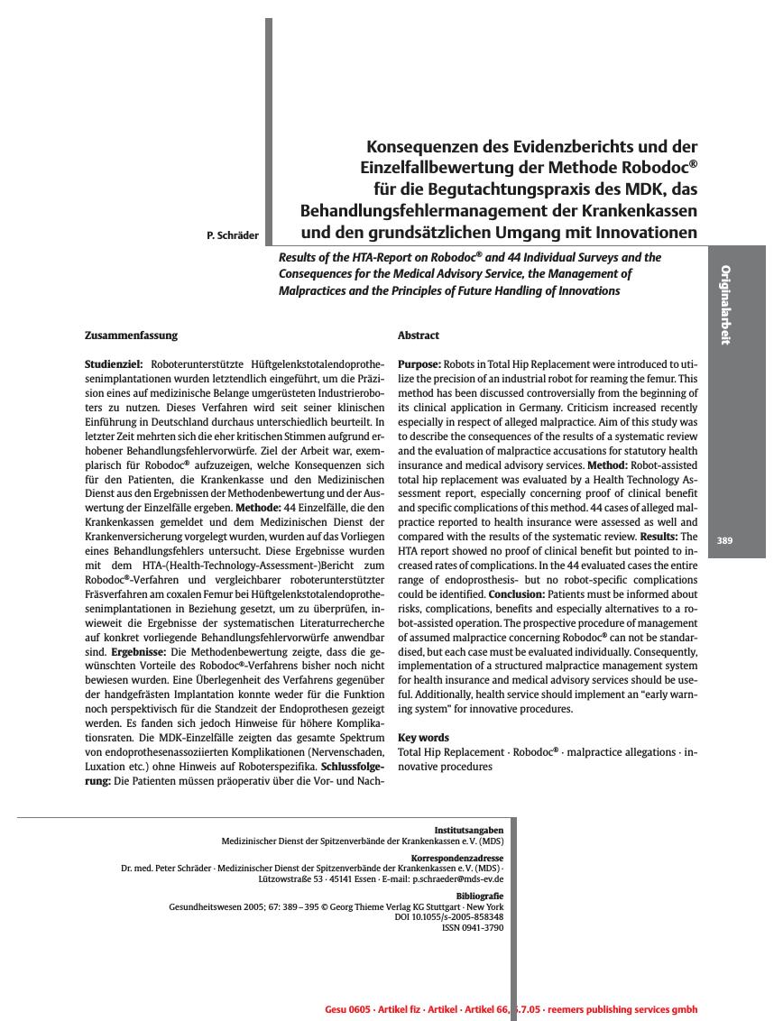 Vorschauseite 1: Konsequenzen des Evidenzberichts und der Einzelfallbewertung der Methode Robodoc® für die Begutachtungspraxis des MDK, das Behandlungsfehlermanagement der Krankenkassen und den gr…