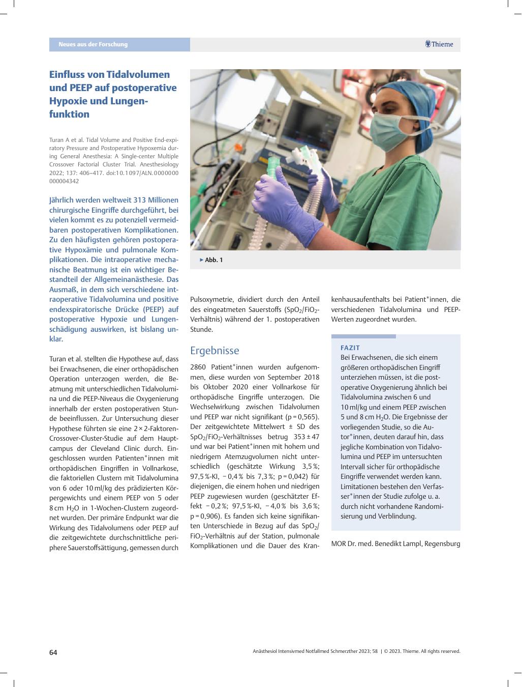 Vorschauseite 1: Einfluss von Tidalvolumen und PEEP auf postoperative Hypoxie und Lungenfunktion