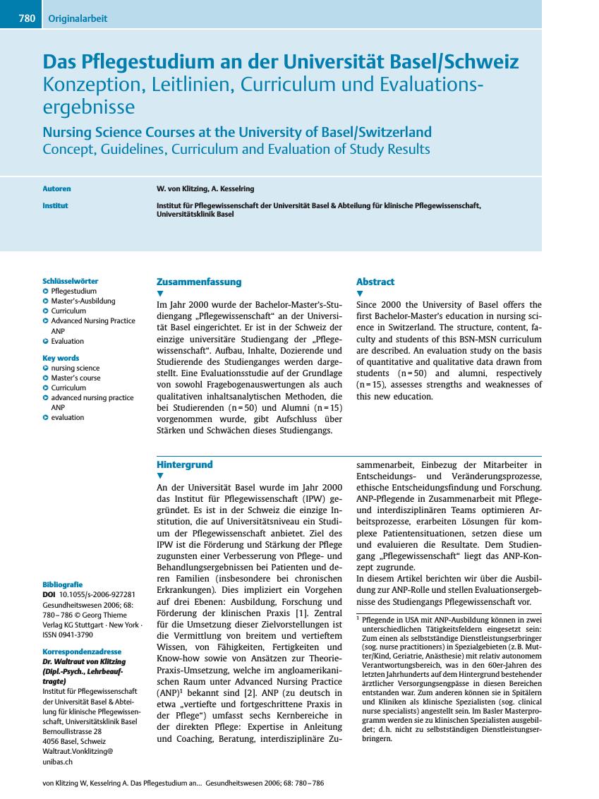 Vorschauseite 1: Das Pflegestudium an der Universität Basel/Schweiz