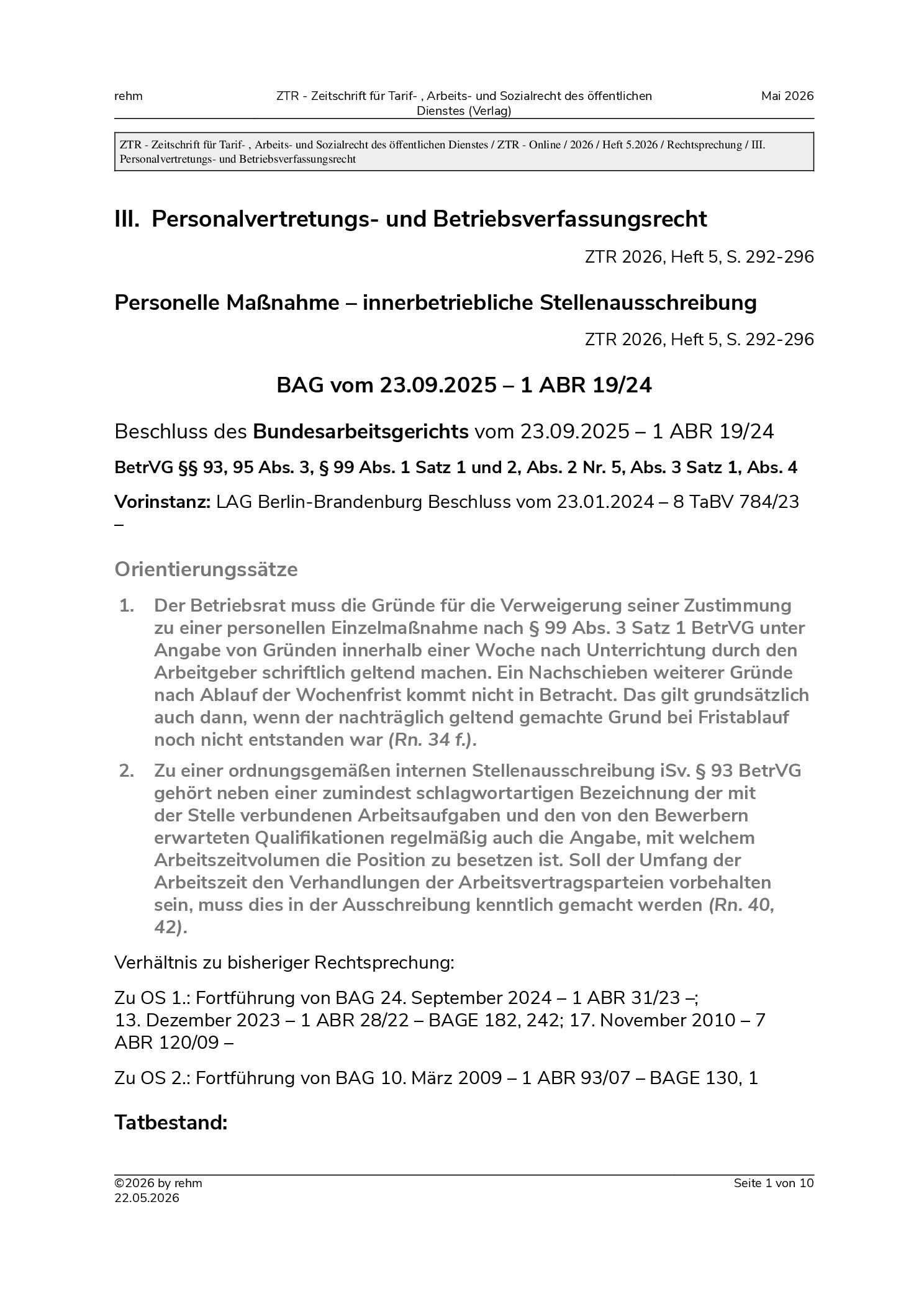 Vorschauseite 1: Personelle Maßnahme – innerbetriebliche Stellenausschreibung