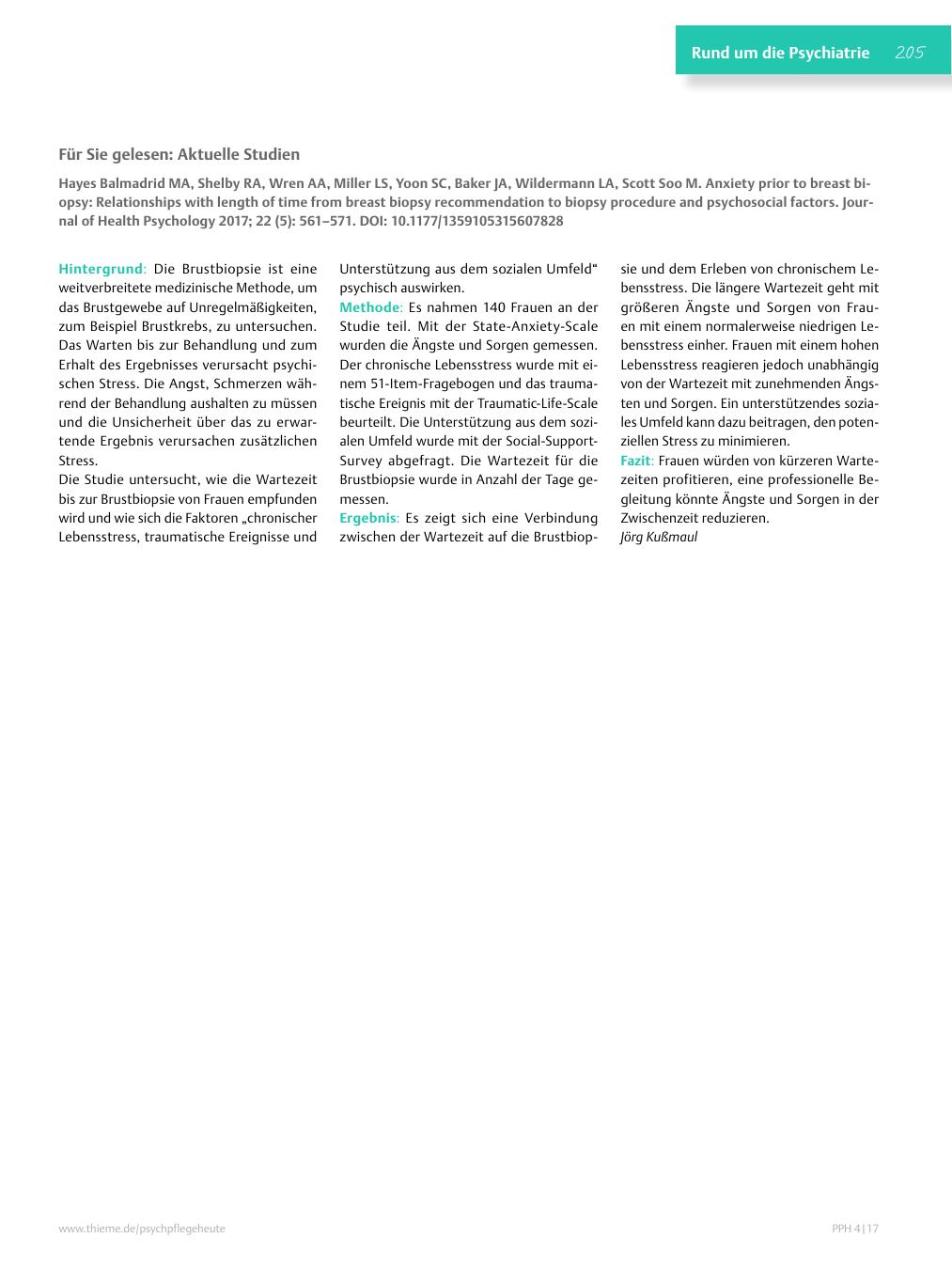 Vorschauseite 1: Für Sie gelesen: Hayes Balmadrid MA, Shelby RA, Wren AA, Miller LS, Yoon SC, Baker JA, Wildermann LA, Scott Soo M. Anxiety prior to breast biopsy: Relationships with length of tim…