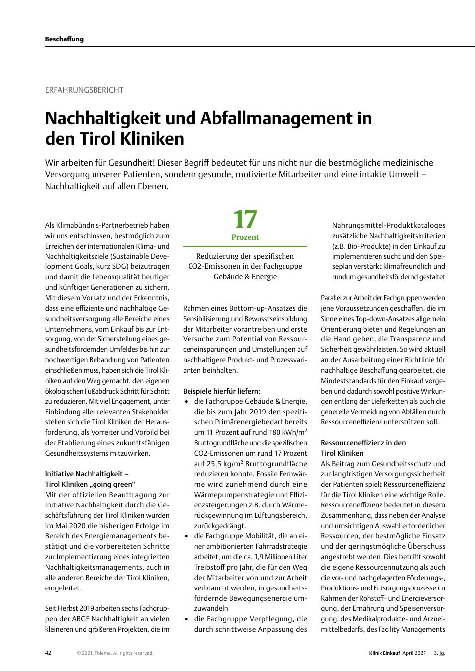 Vorschauseite 1: Erfahrungsbericht: Nachhaltigkeit und Abfallmanagement in den Tirol Kliniken