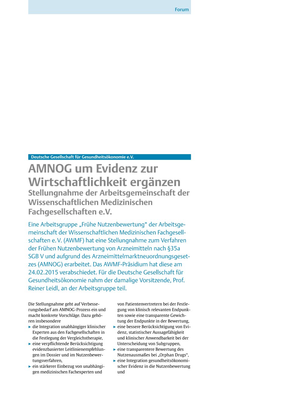 Vorschauseite 1: Deutsche Gesellschaft für Gesundheitsökonomie e.V. – AMNOG um Evidenz zur Wirtschaftlichkeit ergänzen