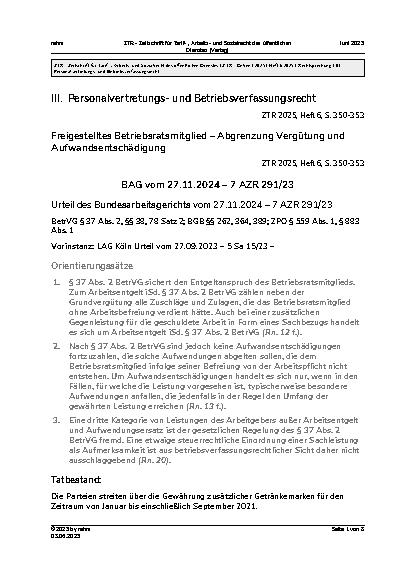 Vorschauseite 1: III. Personalvertretungsund Betriebsverfassungsrecht Freigestelltes Betriebsratsmitglied – Abgrenzung Vergütung und Aufwandsentschädigung