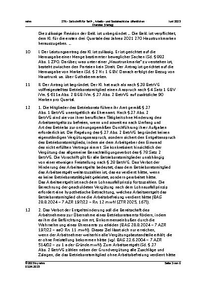 Vorschauseite 3: III. Personalvertretungsund Betriebsverfassungsrecht Freigestelltes Betriebsratsmitglied – Abgrenzung Vergütung und Aufwandsentschädigung