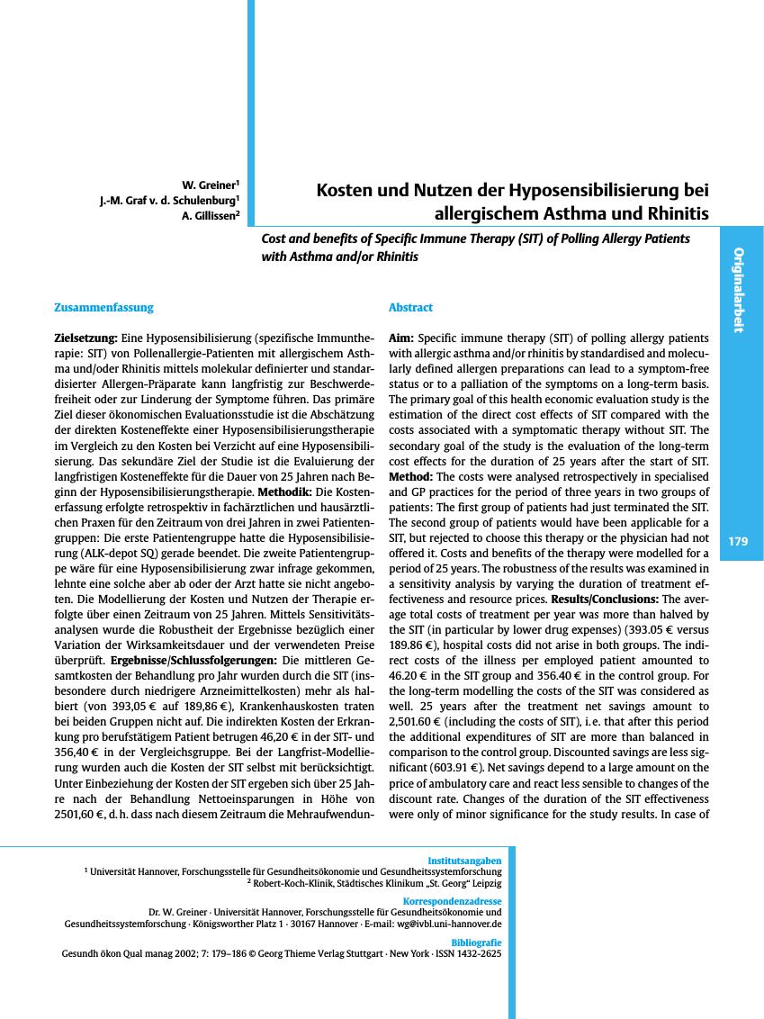 Vorschauseite 1: Kosten und Nutzen der Hyposensibilisierung bei allergischem Asthma und Rhinitis