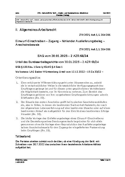 Vorschauseite 1: II. Allgemeines Arbeitsrecht Einwurf-Einschreiben – Zugang – fehlender Auslieferungsbeleg – Anscheinsbeweis