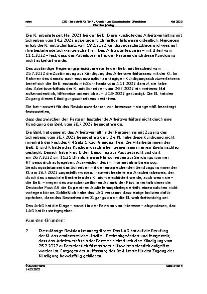Vorschauseite 2: II. Allgemeines Arbeitsrecht Einwurf-Einschreiben – Zugang – fehlender Auslieferungsbeleg – Anscheinsbeweis