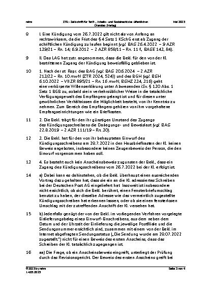 Vorschauseite 3: II. Allgemeines Arbeitsrecht Einwurf-Einschreiben – Zugang – fehlender Auslieferungsbeleg – Anscheinsbeweis