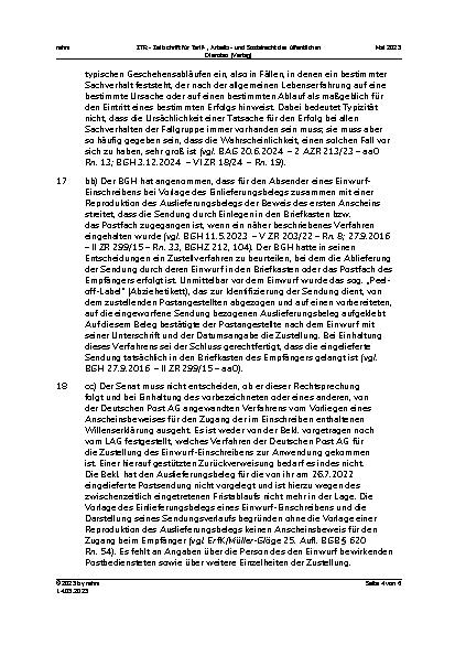 Vorschauseite 4: II. Allgemeines Arbeitsrecht Einwurf-Einschreiben – Zugang – fehlender Auslieferungsbeleg – Anscheinsbeweis