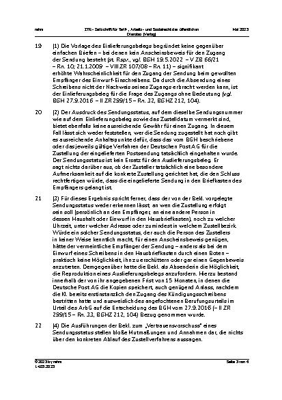 Vorschauseite 5: II. Allgemeines Arbeitsrecht Einwurf-Einschreiben – Zugang – fehlender Auslieferungsbeleg – Anscheinsbeweis