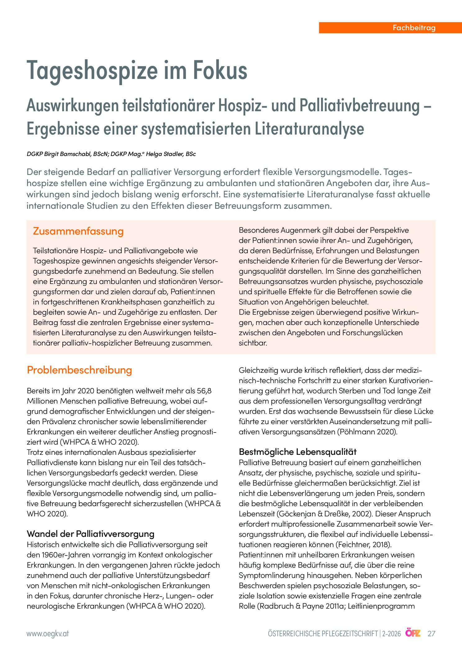 Vorschauseite 1: Tageshospize im Fokus: Auswirkungen teilstationärer Hospiz- und Palliativbetreuung – Ergebnisse einer systematisierten Literaturanalyse