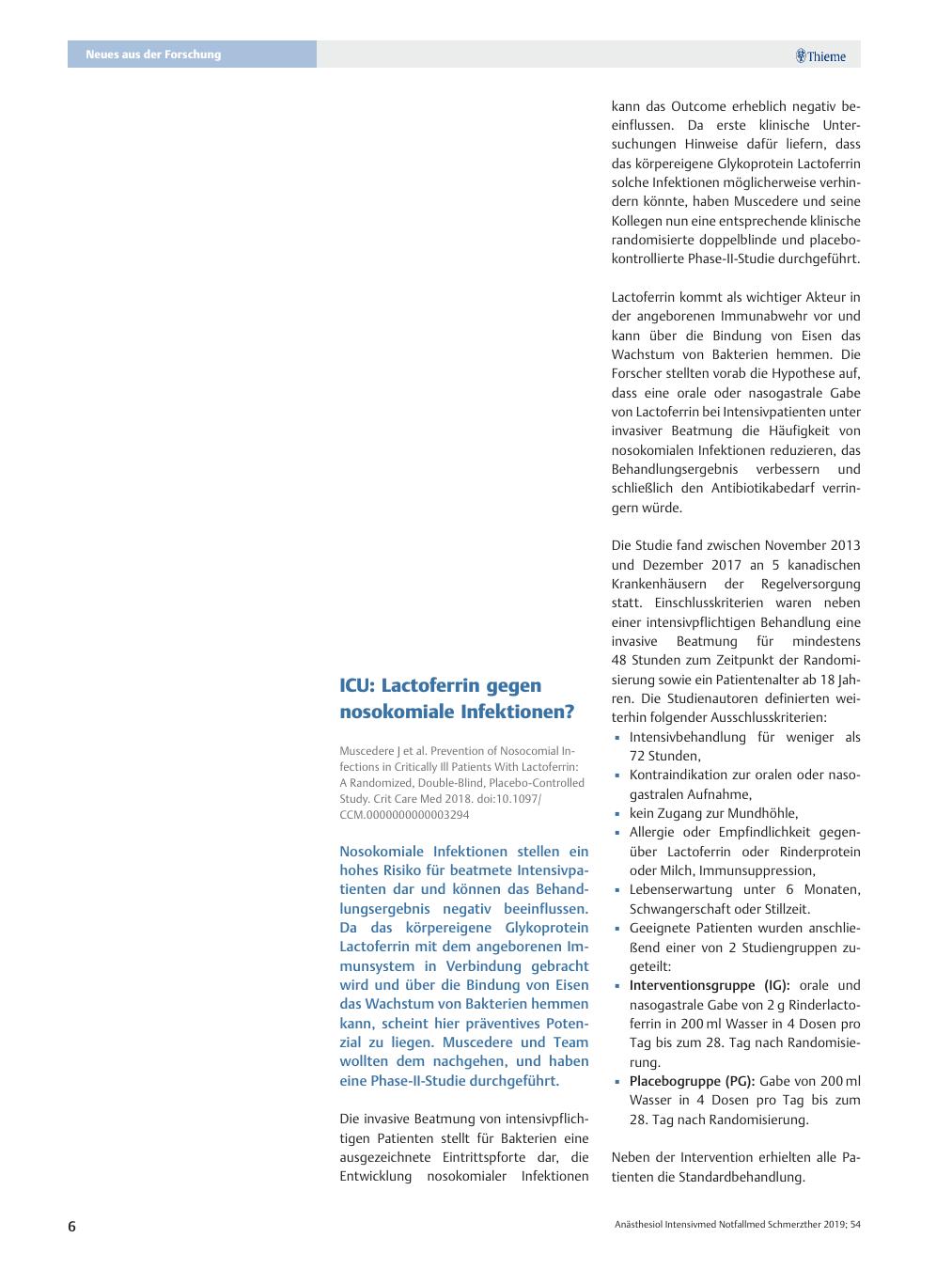 Vorschauseite 1: ICU: Lactoferrin gegen nosokomiale Infektionen?